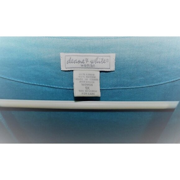 Deane & White Woman 1X blue 3/4 sleeve collarless V-neck gauzy tunic - Picture 2 of 4